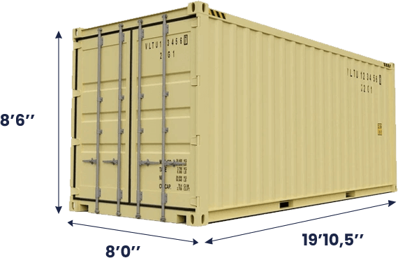 Dimensions d'un conteneur de 20 pieds : 19'10,5 de longueur, 8 de largeur, 8'6 de hauteur
